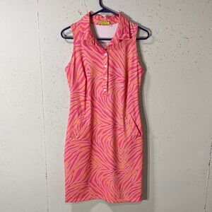 Sleeveless Pink & Orange Patterned Shift Dress. Great for golf or pickle ball!